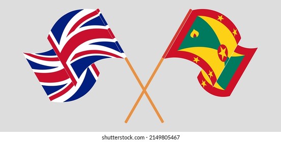 Crossed and waving flags of United Kingdom and Grenada. Vector illustration
