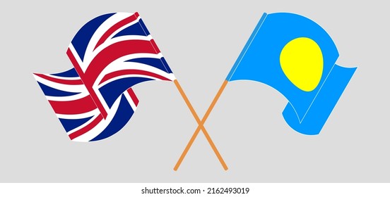 Crossed and waving flags of United Kingdom and Palau. Vector illustration
