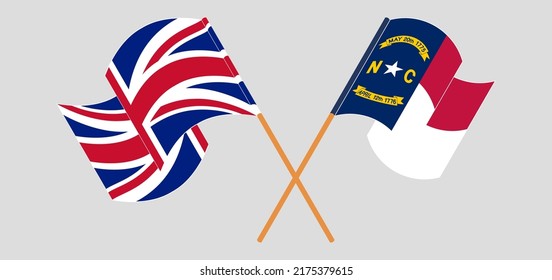 Crossed and waving flags of United Kingdom and The State of North Carolina. Vector illustration
