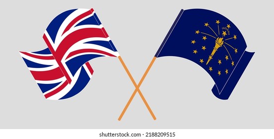 Crossed and waving flags of United Kingdom and the State of Indiana. Vector illustration
