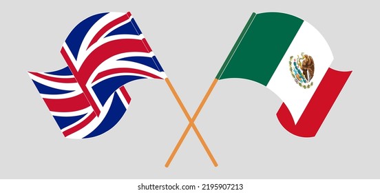 Crossed and waving flags of United Kingdom and Mexico. Vector illustration
