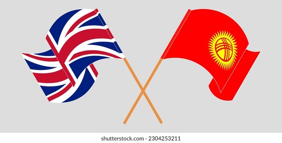 Crossed and waving flags of United Kingdom and Kyrgyzstan. Vector illustration
