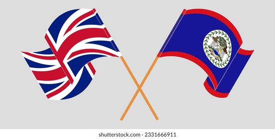 Crossed and waving flags of United Kingdom and Belize. Vector illustration
