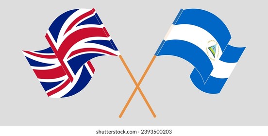Crossed and waving flags of United Kingdom and Nicaragua. Vector illustration
