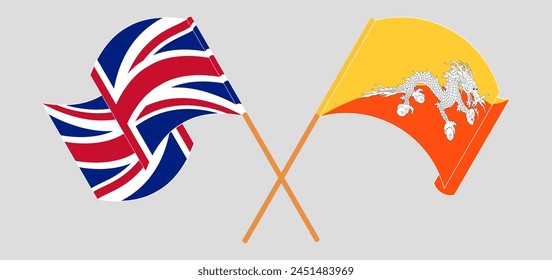 Crossed and waving flags of United Kingdom and Bhutan. Vector illustration
