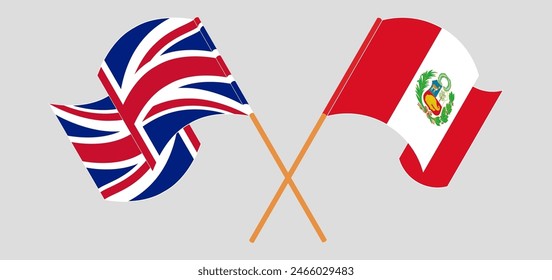 Crossed and waving flags of United Kingdom and Peru. Vector illustration
