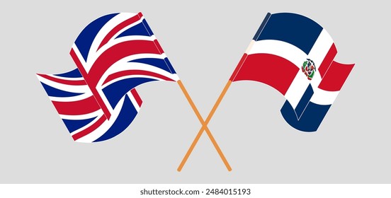 Crossed and waving flags of United Kingdom and Dominican Republic. Vector illustration
