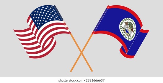 Crossed and waving flags of the USA and Belize. Vector illustration
