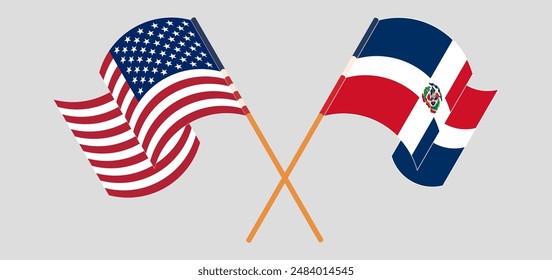 Crossed and waving flags of the USA and Dominican Republic. Vector illustration
