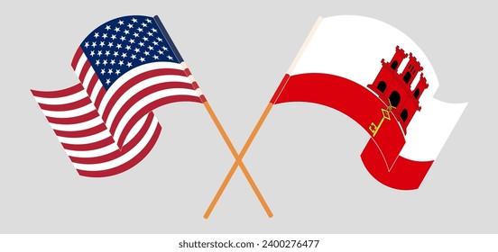 Crossed and waving flags of the USA and Gibraltar. Vector illustration
