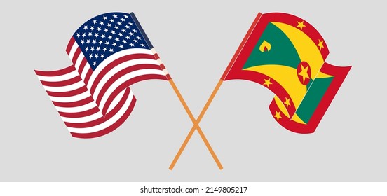 Crossed and waving flags of the USA and Grenada. Vector illustration
