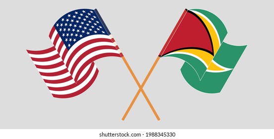Crossed and waving flags of the USA and Guyana svg