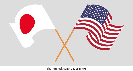 Crossed and waving flags of USA and Japan