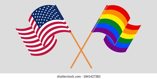 Crossed and waving flags of the USA and LGBTQ