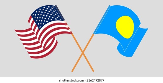 Crossed and waving flags of the USA and Palau. Vector illustration
