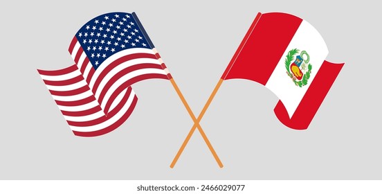 Crossed and waving flags of the USA and Peru. Vector illustration
