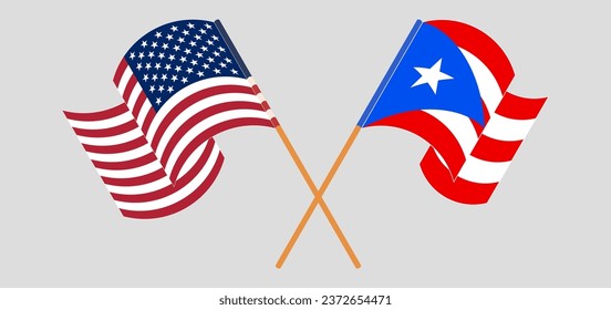 Überquerte und wehende Flaggen der USA und Puerto Rico. Vektorgrafik
