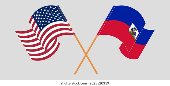 Crossed and waving flags of the USA and Republic of Haiti. Vector illustration.
