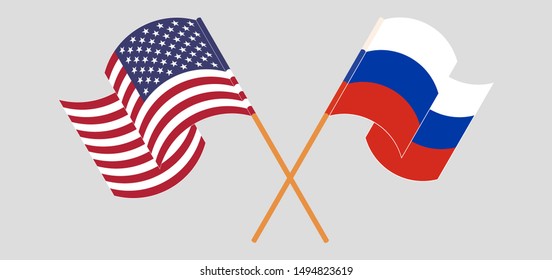 Crossed and waving flags of the USA and Russia. Vector illustration
