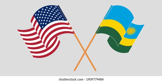 Banderas cruzadas y ondeando banderas de Estados Unidos y Ruanda