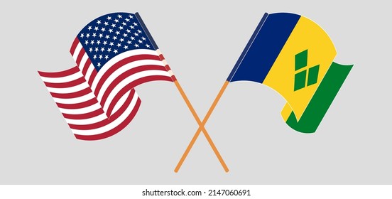 Crossed and waving flags of the USA and Saint Vincent and the Grenadines. Vector illustration
