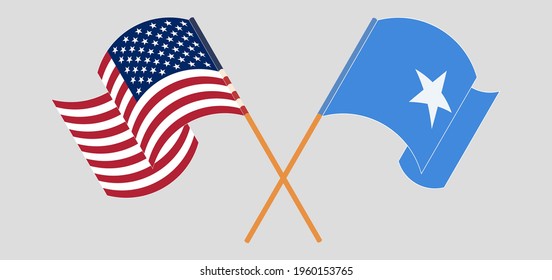 Crossed and waving flags of the USA and Somalia