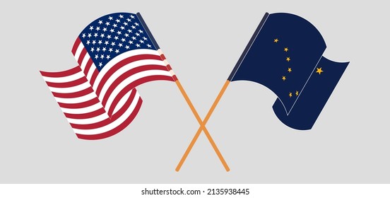 Crossed and waving flags of the USA and the State of Alaska. Vector illustration
