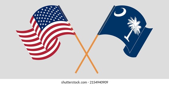 Banderas cruzadas y ondeando banderas de Estados Unidos y el estado de Carolina del Sur. Ilustración del vector
