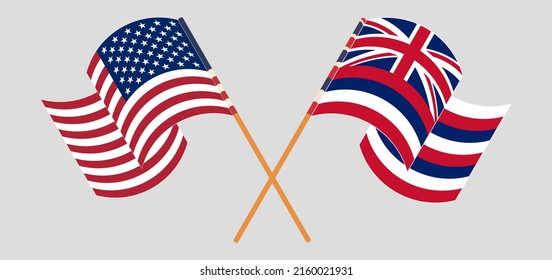 Crossed and waving flags of the USA and The State Of Hawaii. Vector illustration
