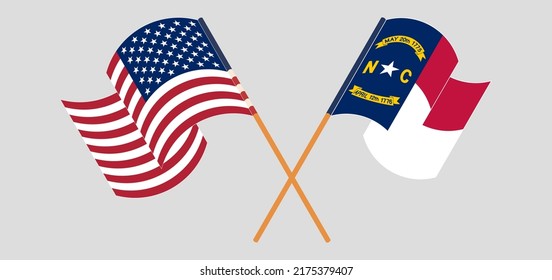 Crossed and waving flags of the USA and The State of North Carolina. Vector illustration
