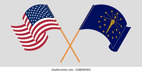 Crossed and waving flags of the USA and the State of Indiana. Vector illustration
