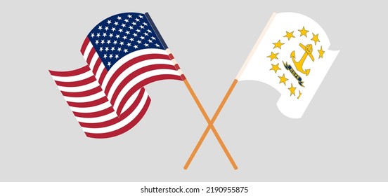 Crossed and waving flags of the USA and the State of Rhode Island. Vector illustration
