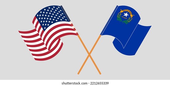 Crossed and waving flags of the USA and The State of Nevada. Vector illustration
