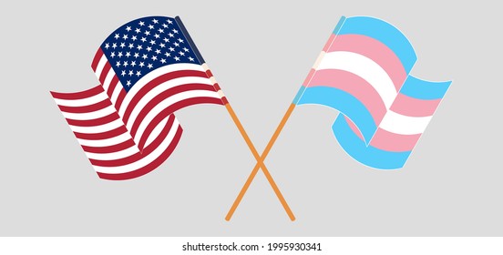 Crossed and waving flags of the USA and Transgender Pride