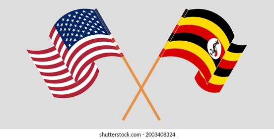 Crossed and waving flags of the USA and Uganda