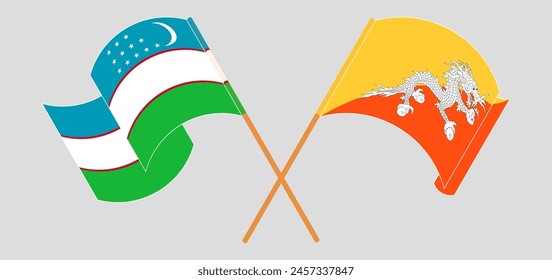 Crossed and waving flags of Uzbekistan and Bhutan. Vector illustration
