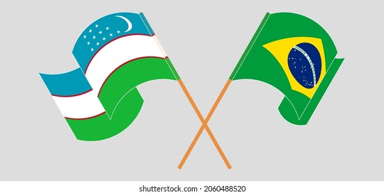 Crossed and waving flags of Uzbekistan and Brazil