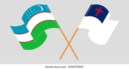 Crossed and waving flags of Uzbekistan and christianity. Vector illustration
