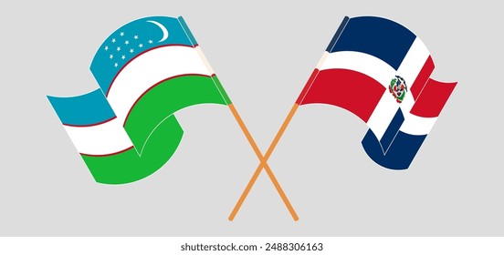 Crossed and waving flags of Uzbekistan and Dominican Republic. Vector illustration
