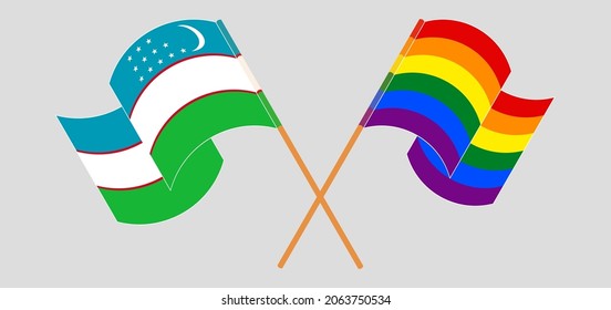 Crossed and waving flags of Uzbekistan and LGBTQ