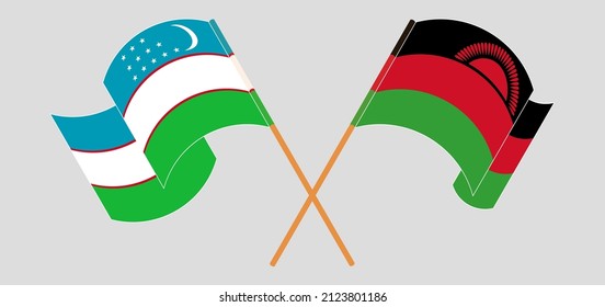 Crossed and waving flags of Uzbekistan and Malawi. Vector illustration
