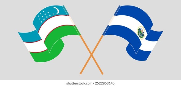 Crossed and waving flags of Uzbekistan and Republic of El Salvador. Vector illustration.
