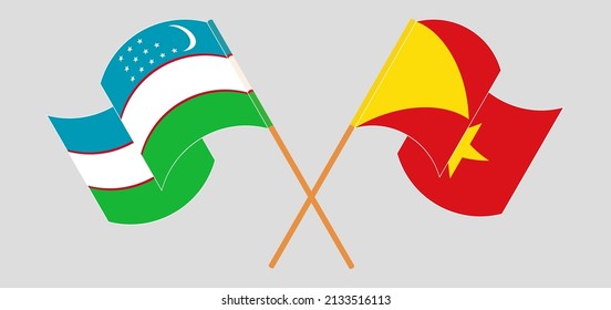 Crossed and waving flags of Uzbekistan and Tigray. Vector illustration
