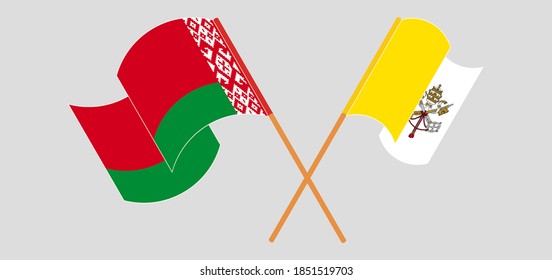 Crossed and waving flags of Vatican and Belarus