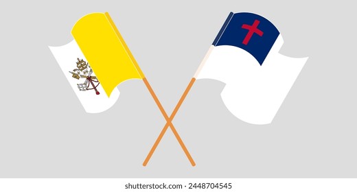 Crossed and waving flags of Vatican and christianity. Vector illustration
