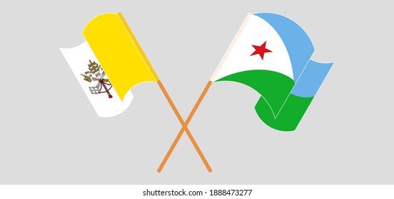 Crossed and waving flags of Vatican and Djibouti
