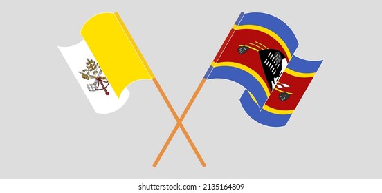 Crossed and waving flags of Vatican and Eswatini. Vector illustration
