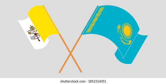 Crossed and waving flags of Vatican and Kazakhstan