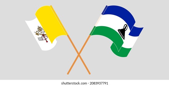 Crossed and waving flags of Vatican and Kingdom of Lesotho. Vector illustration
