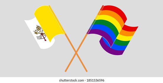 Crossed and waving flags of Vatican and LGBTQ